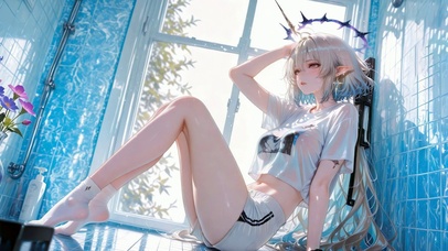 窗边浴室银发精灵美少女