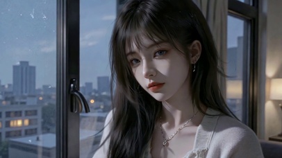 都市窗边暮色少女