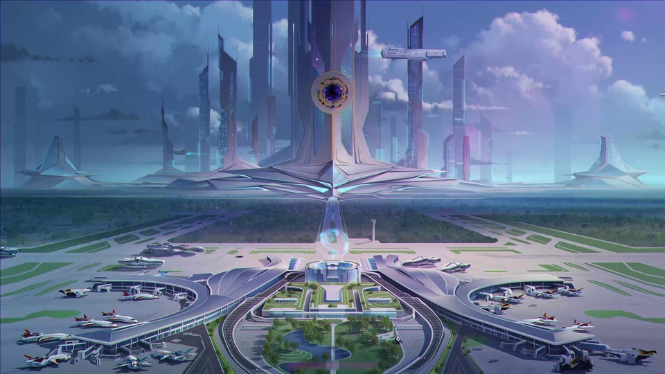 紫蓝色调未来科幻空港城市场景插画