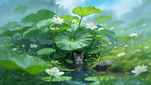 雨天荷叶下躲雨猫咪