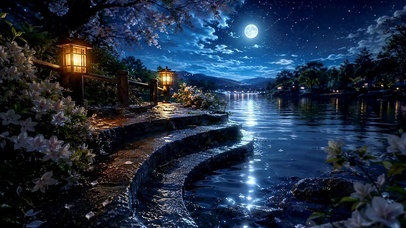 月夜湖畔星空樱花夜景