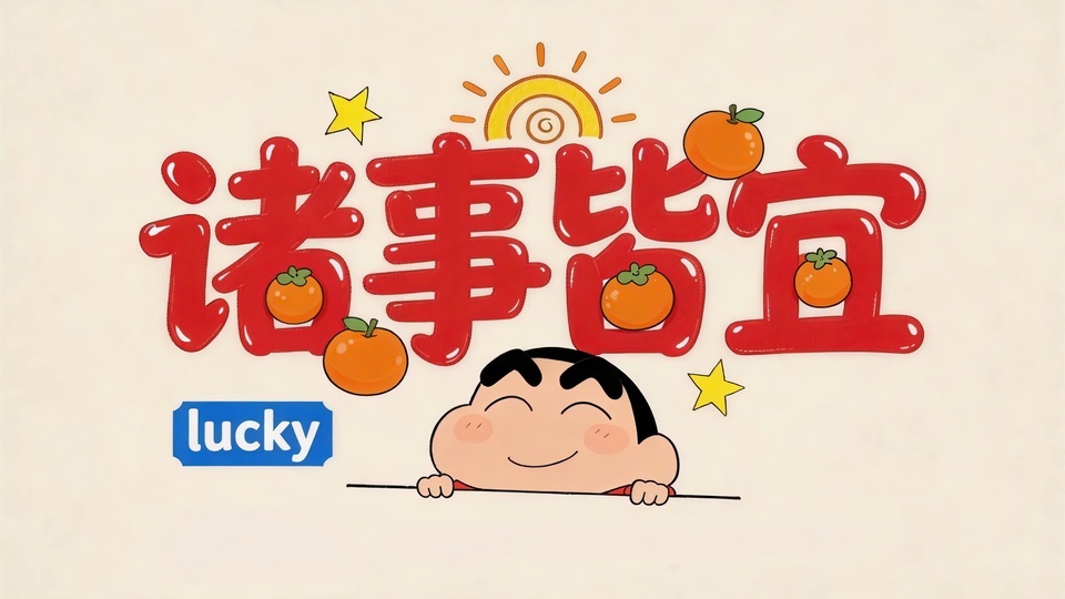 诸事皆宜卡通插画，搭配笑脸男孩与柿子装饰