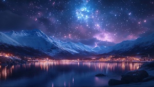 纯净星夜高山湖畔小镇