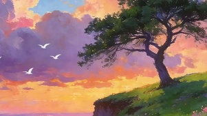 晚霞树木带鱼屏