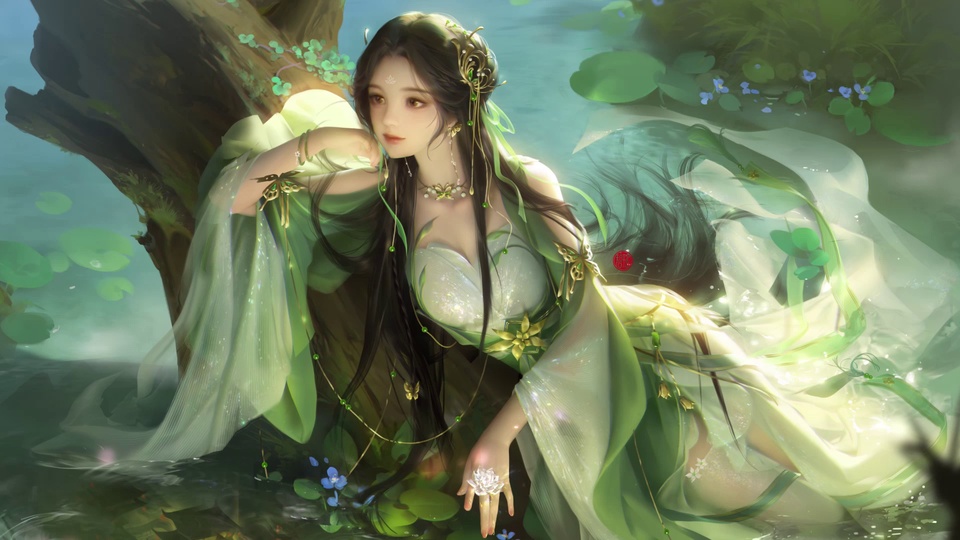 国风古风女子倚靠临水枯木，绿白薄纱裙身缀金饰，身旁水面浮睡莲叶与蓝花。