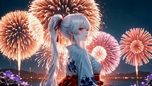夏夜花火下的银发美少女
