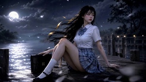 月夜湖畔少女