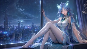 雨夜都市窗边美女清宵