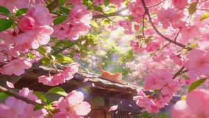 梦幻治愈 桃花丛 屋顶猫咪