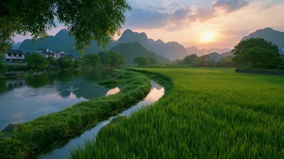 绿色稻田夕阳