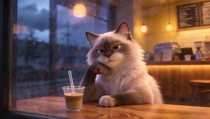 坐在咖啡店猫咪