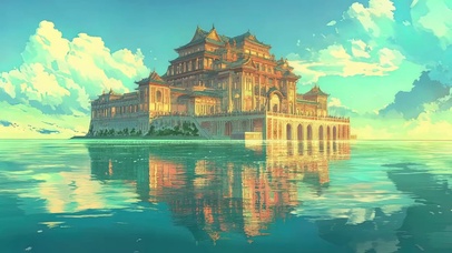 宏伟古建蓝天湖畔倒影