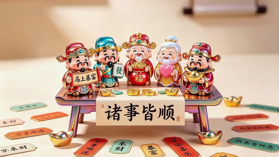 3D国风Q版财神潮玩公仔摆放在浅色暖调桌面上，周围散落金元宝、麻将牌与彩印吉语签牌