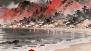 古风夜景树木房屋海景宽屏