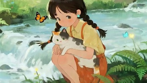 女孩与猫咪带鱼屏