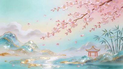 浅粉冰蓝柔雾新中式国风意境
