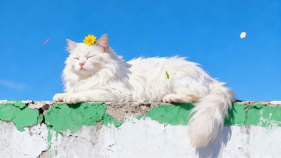 蓝天白云小清新猫咪午后惬意时光