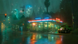 城市雨夜街边便利店