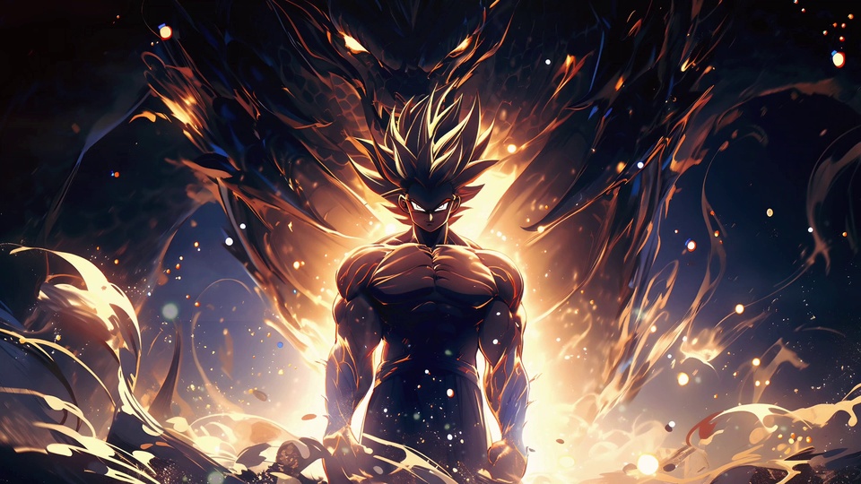 暗调玄幻场景中，站姿强壮的孙悟空位于画面前方，身后衬着暖金色光影勾勒的巨型深色神龙轮廓，整体以暗蓝黑色为主色搭配暖金色点缀。