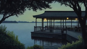 傍晚静谧蓝调河岸栈桥