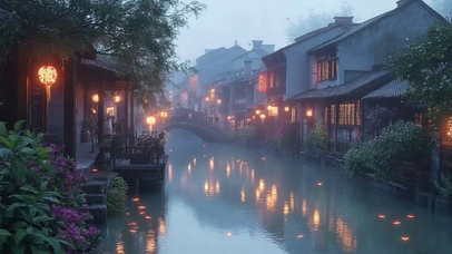 朦胧傍晚河岸水乡建筑