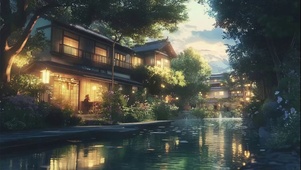 傍晚静谧溪流古城建筑