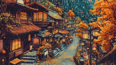 秋日山下静谧古城街道