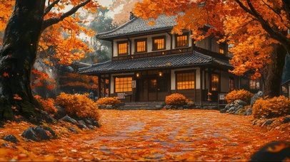 秋日庭院古风建筑落叶