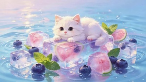 蓝莓冰块上猫咪