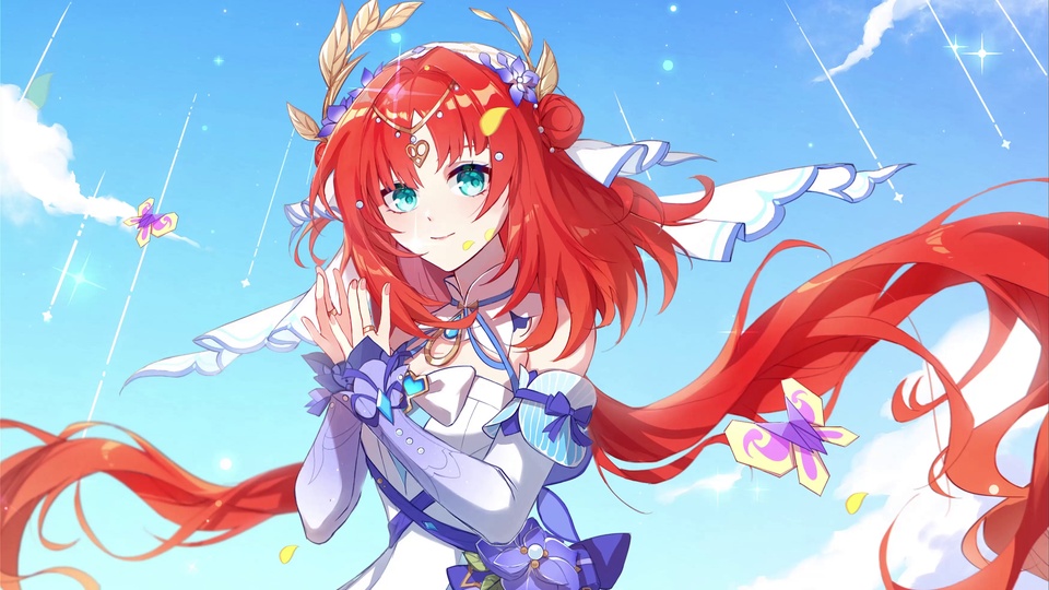 红发绿眼少女立于飘着流云的蓝天中，身侧环绕彩蝶，星轨划过画面。