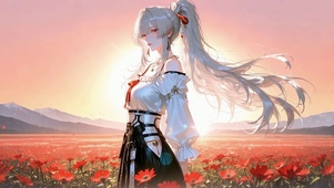 夕阳花海下的红瞳少女