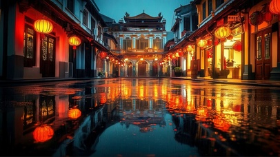 雨夜传统南方古镇建筑