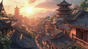 俯瞰黄昏落日古城村庄