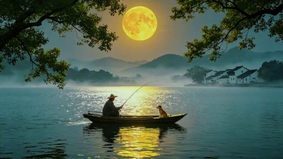 月夜江南，扁舟垂钓