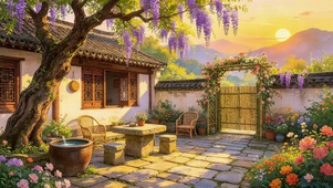 晚霞乡村小院子