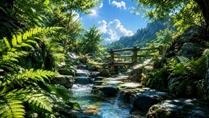 阳光林间清溪，治愈系自然风景