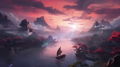 中国风水墨画山水黄昏