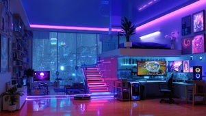 霓虹电竞雨夜房间