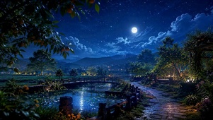 月夜乡村河畔唯美夜景