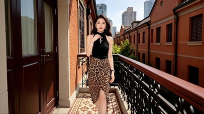 欧式阳台上徐徐走近的豹纹裙美女