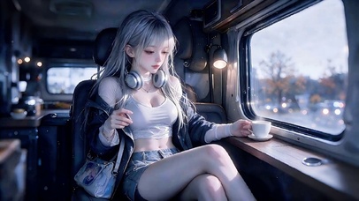 房车内惬意喝茶听歌的少女