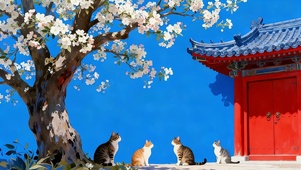 红门蓝墙花树下猫咪