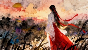 水韵红丝野黄昏独行红裙古风少女