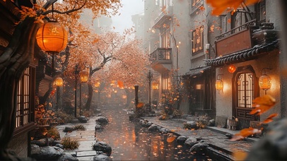 秋日傍晚阴雨静谧小镇