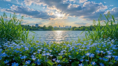 晨光湖畔蓝花唯美风景