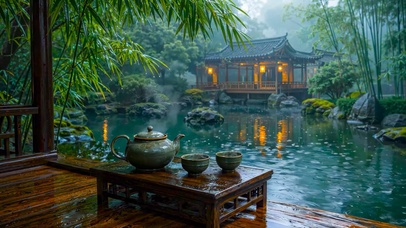 国风园林雨景