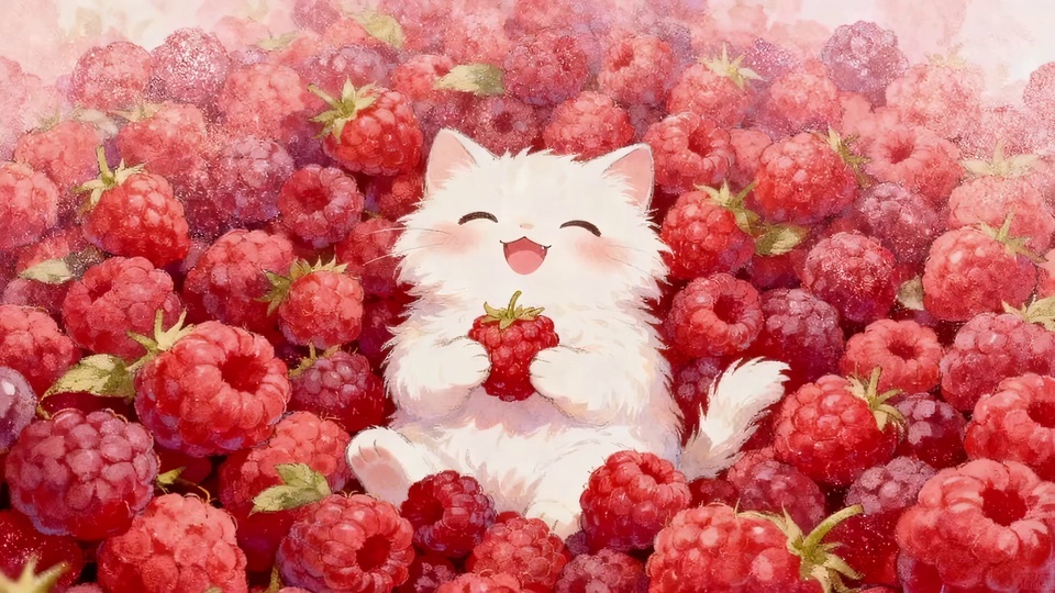 白色长毛小猫坐在红粉覆盆子堆里捧着一颗浆果