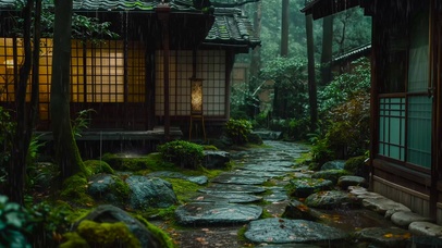 雨天木屋庭院