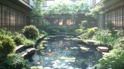 绿色夏日庭院清新鱼池