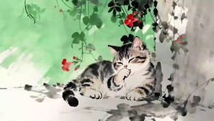 岁月静好~悠闲舔爪子的国画猫咪